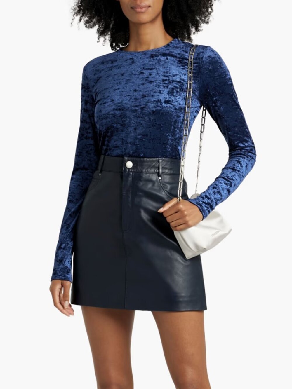 FRAME Navy Blue Scuro Crushed Velvet Long Sleeve Slim Fit Bodycon Top, Size M
